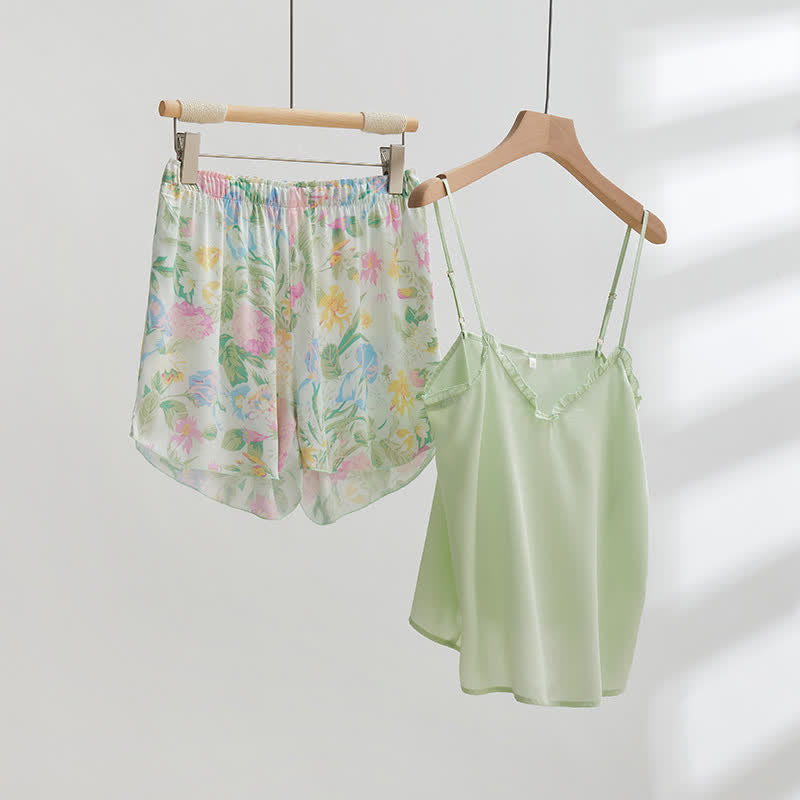 Ownkoti Mint Satin Ruffle Cami and Floral Shorts Loungewear Set - image 1