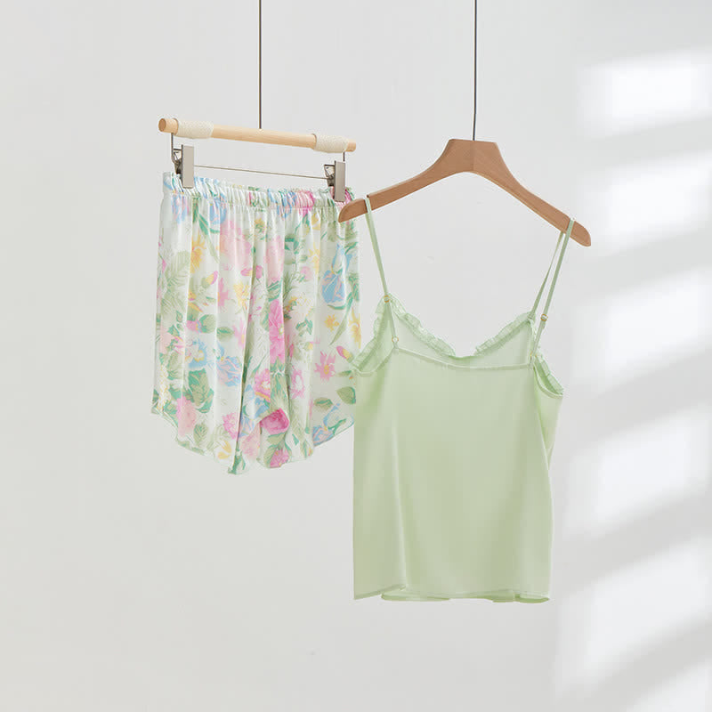 Ownkoti Mint Satin Ruffle Cami and Floral Shorts Loungewear Set - image 2