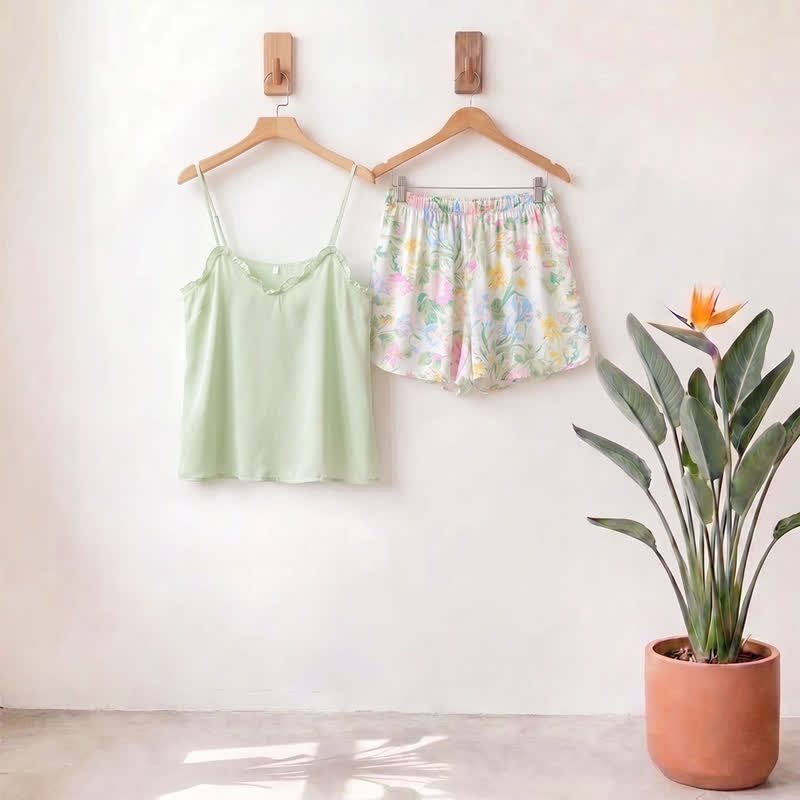 Ownkoti Mint Satin Ruffle Cami and Floral Shorts Loungewear Set - Honeydew - XL - image 0