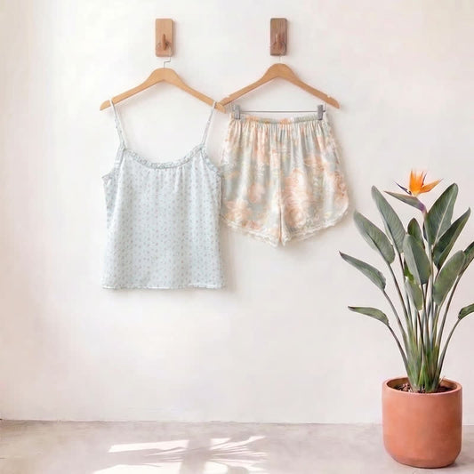 Ownkoti Mint Floral Satin Cami and Shorts Loungewear Set - MintCream - L - image 0
