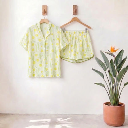 Ownkoti Satin Daffodil Print Short Sleeve Pajama Set - Honeydew - XL - image 0