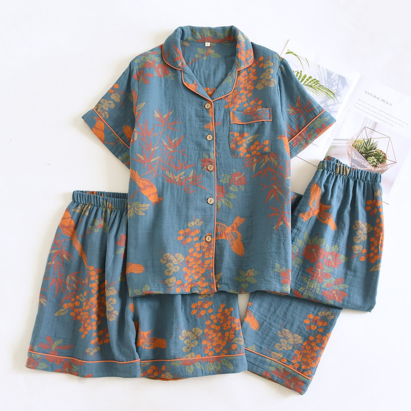 Ownkoti Vintage Bird Floral Cotton Loungewear Set - Blue - XL - image 0
