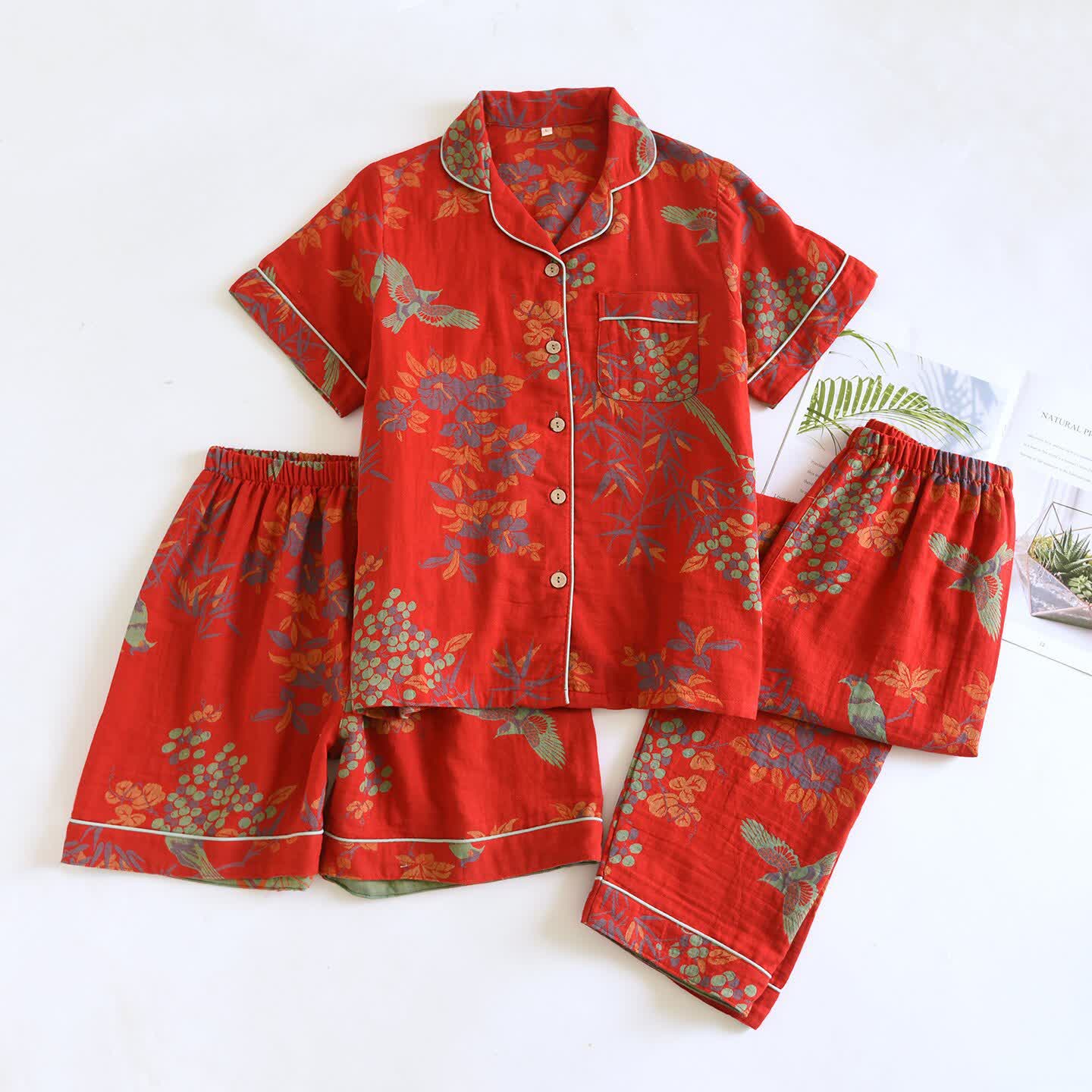 Ownkoti Vintage Bird Floral Cotton Loungewear Set - Red - XL - image 4
