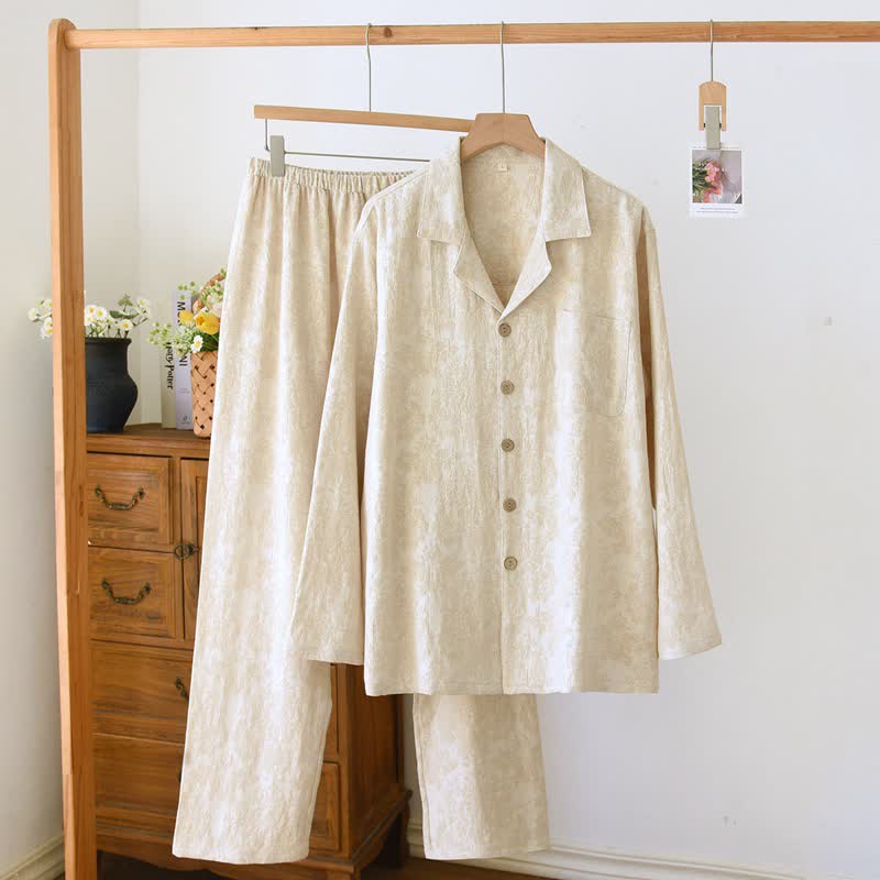 Ownkoti Minimalist-style Couple Button Front Loungewear Set - Beige - Men 2XL - image 2