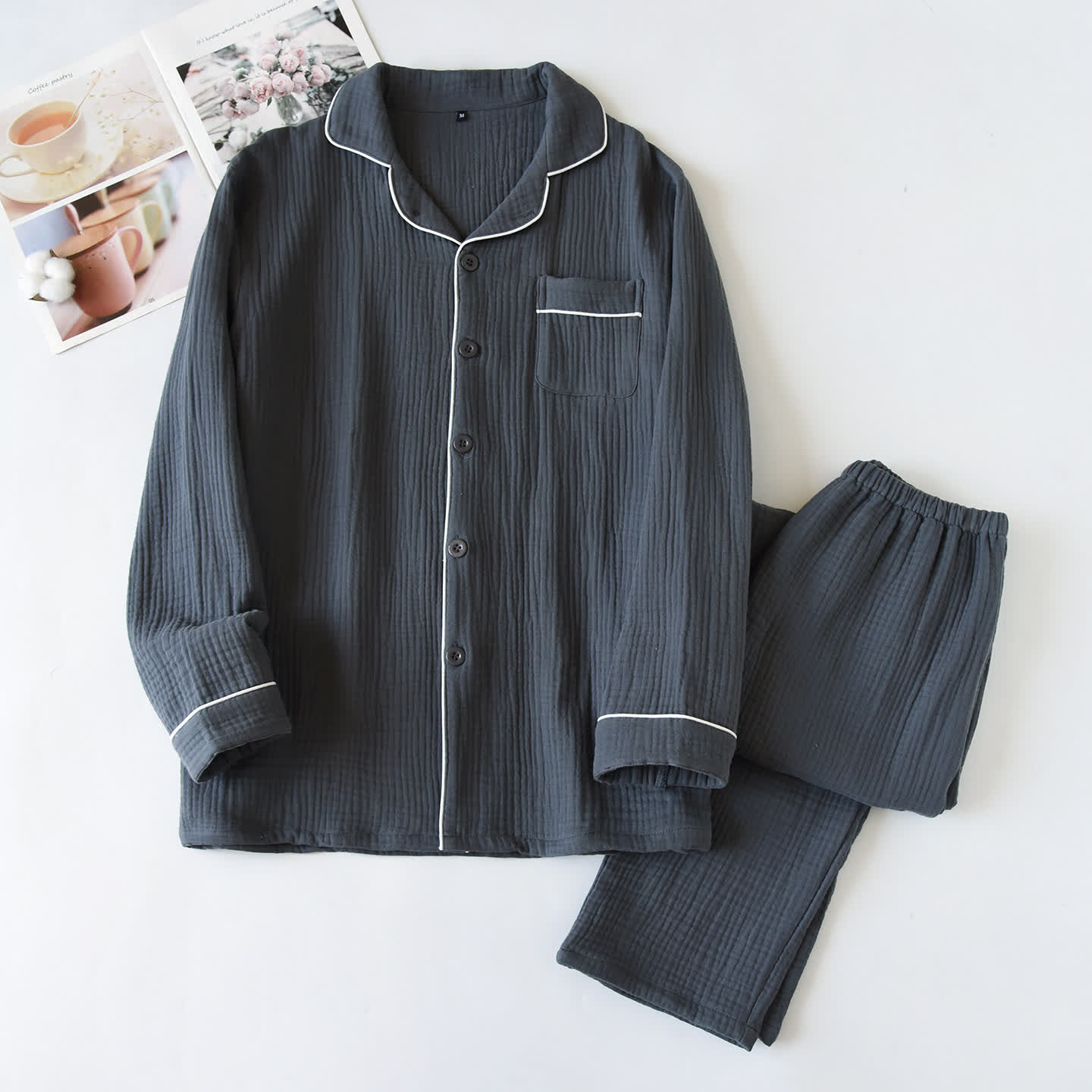 Ownkoti Cotton Gauze Contrast Trim Loungewear Set - Dark Gray - XL - image 2