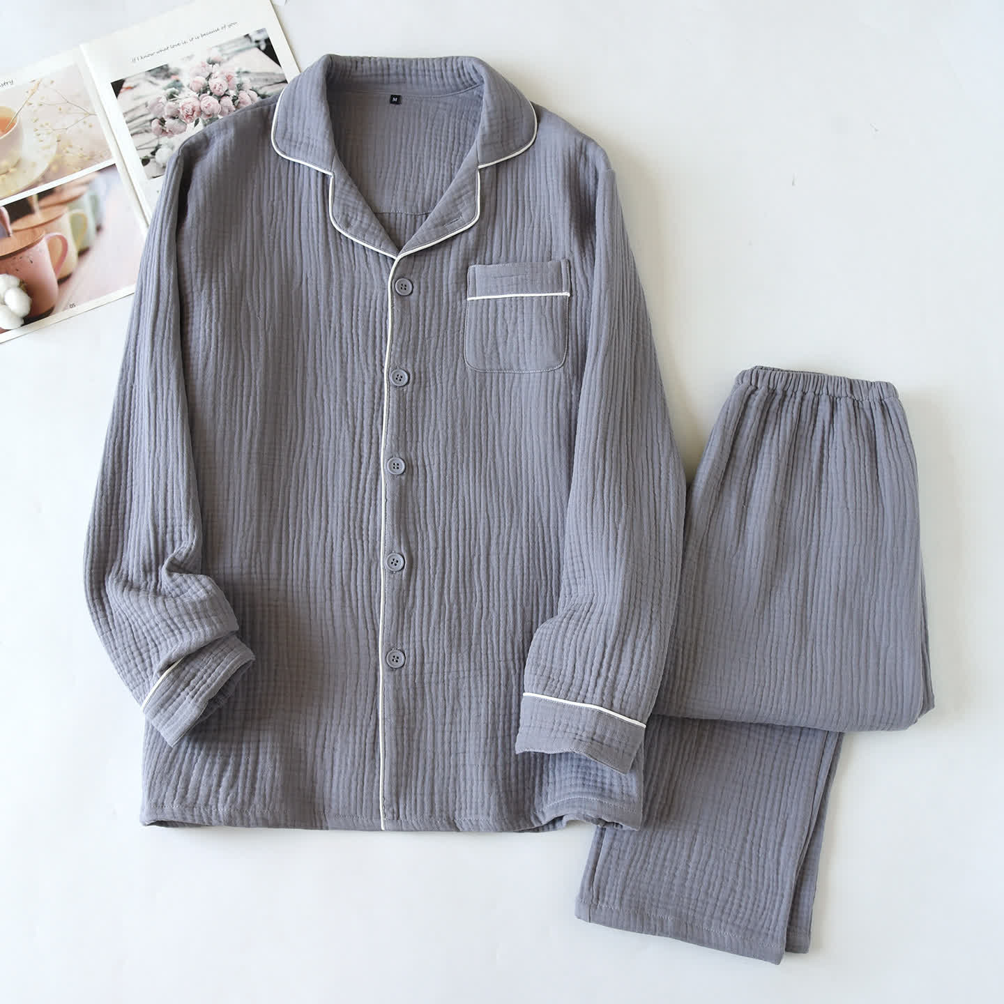 Ownkoti Cotton Gauze Contrast Trim Loungewear Set - Gray - XL - image 1