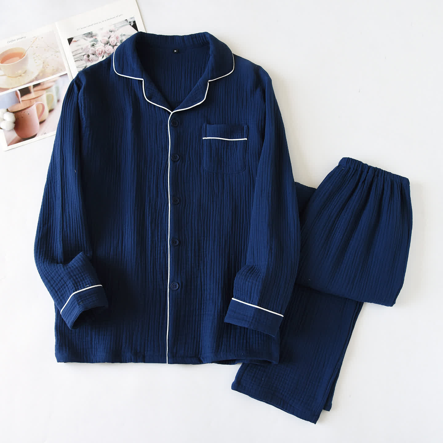 Ownkoti Cotton Gauze Contrast Trim Loungewear Set - Navy - XL - image 0