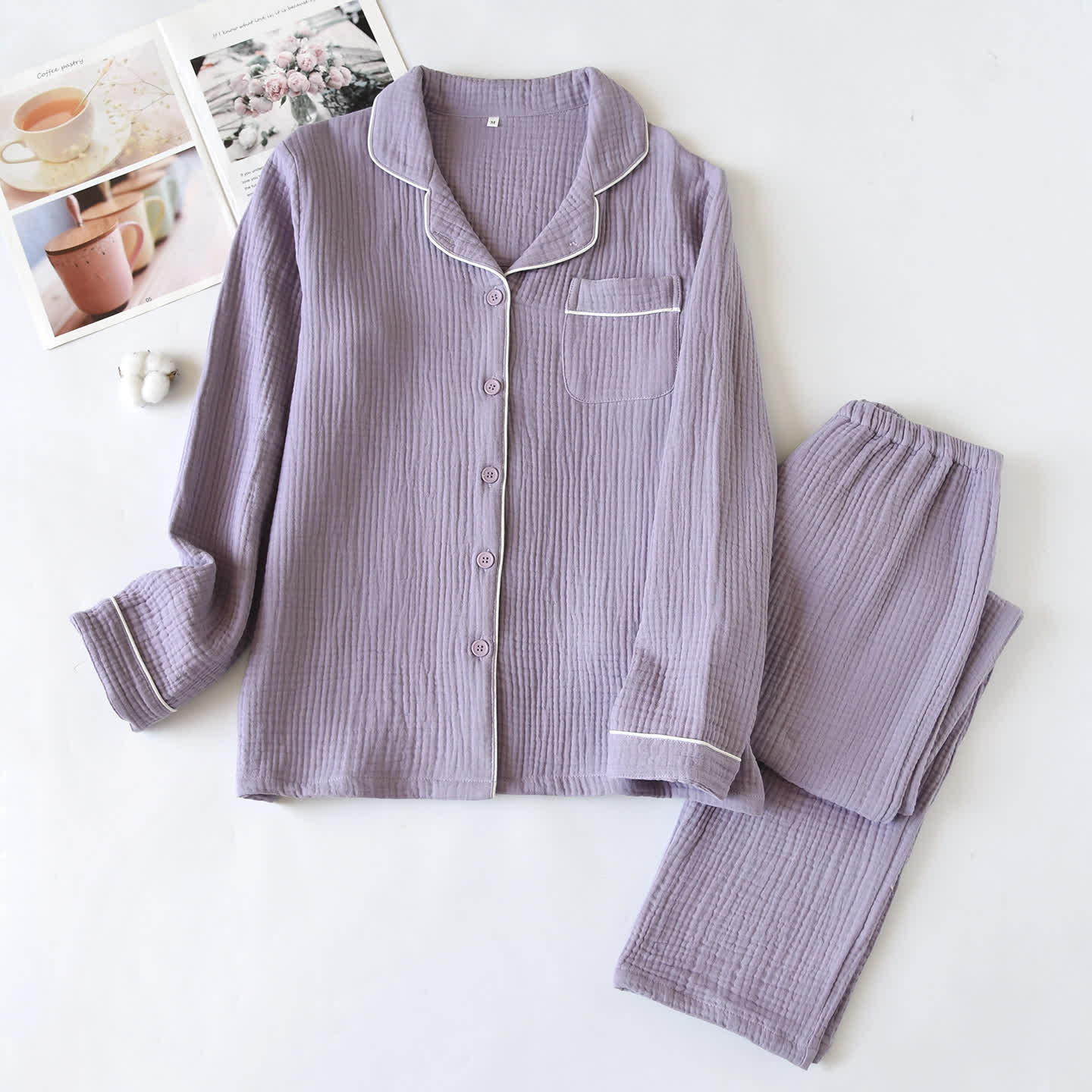 Ownkoti Cotton Gauze Contrast Trim Loungewear Set - Purple - XL - image 3