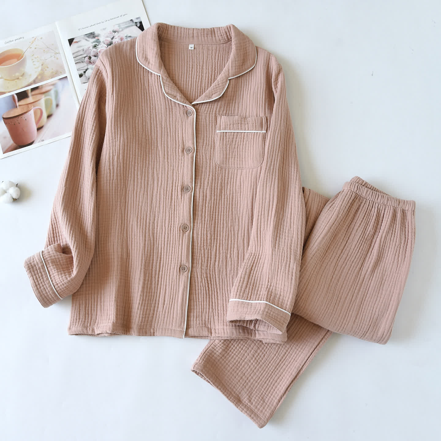 Ownkoti Cotton Gauze Contrast Trim Loungewear Set - Pink - XL - image 4
