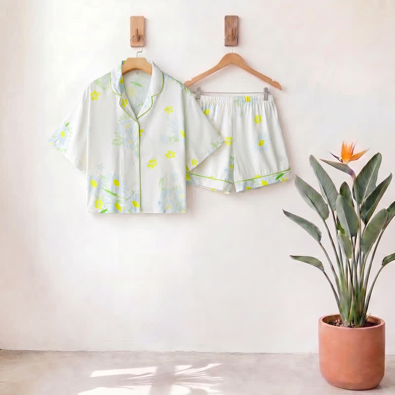 Ownkoti Sunflower Mint Contrast Trim Pajama Short Set - MintCream - XXXL - image 0