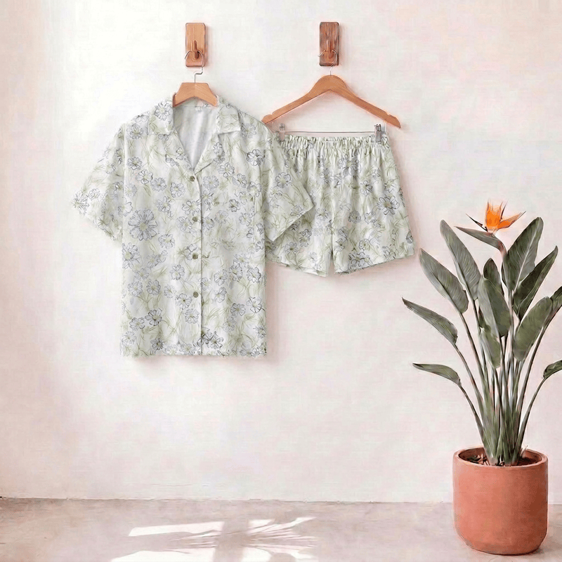 Ownkoti Mint Floral Satin Button Up Shorts Loungewear Set - Honeydew - L - image 0
