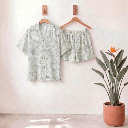 Ownkoti Mint Floral Satin Button Up Shorts Loungewear Set - Honeydew - L - image 0