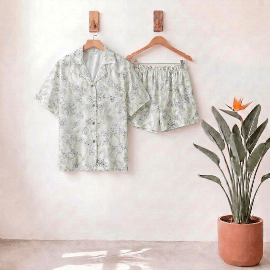 Ownkoti Mint Floral Satin Button Up Shorts Loungewear Set - Honeydew - L - image 0