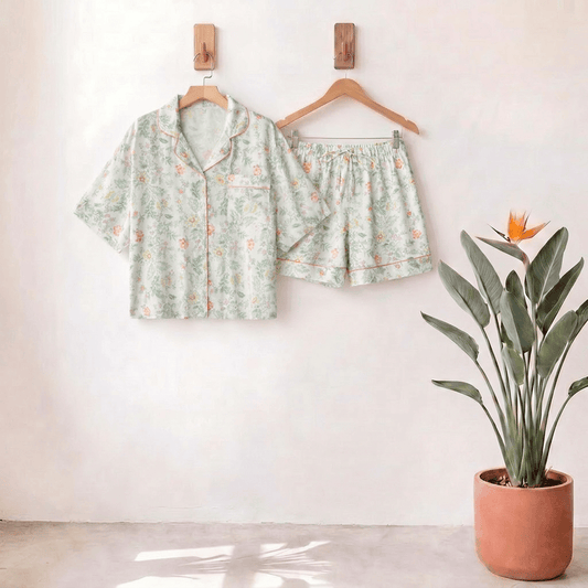 Ownkoti French Floral Satin Short Pajama Set for Summer Nights - LightCyan - 4XL - image 0