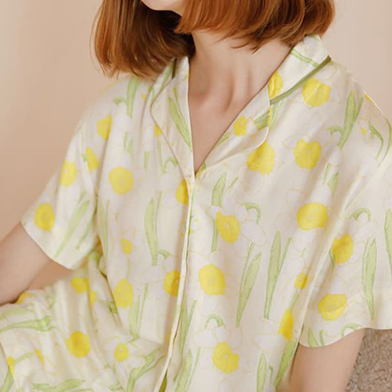 Ownkoti Satin Daffodil Print Short Sleeve Pajama Set - image 1
