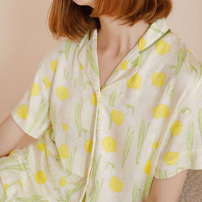 Ownkoti Satin Daffodil Print Short Sleeve Pajama Set - image 1