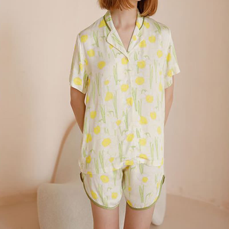Ownkoti Satin Daffodil Print Short Sleeve Pajama Set - image 2