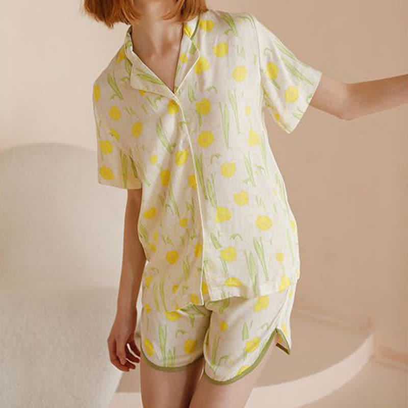 Ownkoti Satin Daffodil Print Short Sleeve Pajama Set - image 3