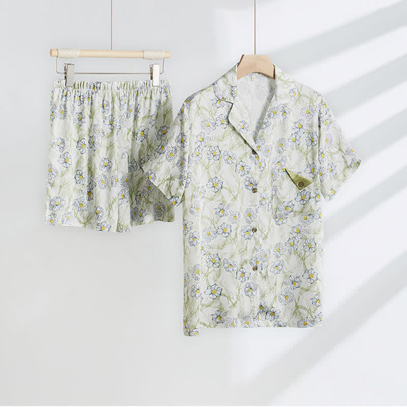 Ownkoti Mint Floral Satin Button Up Shorts Loungewear Set - image 1