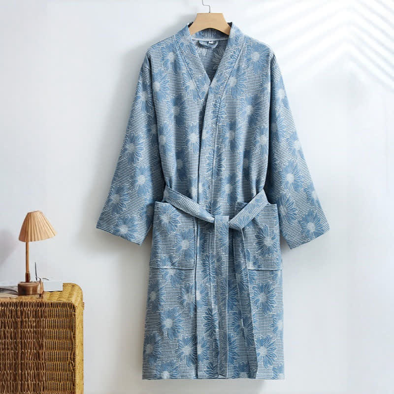 Ownkoti Sunflower Cotton Waffle Kimono Bathrobe - Dark Blue - XL - image 2