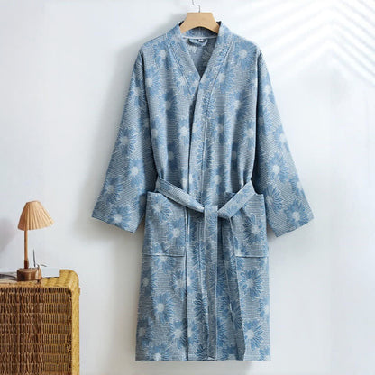 Ownkoti Sunflower Cotton Waffle Kimono Bathrobe - Dark Blue - XL - image 2