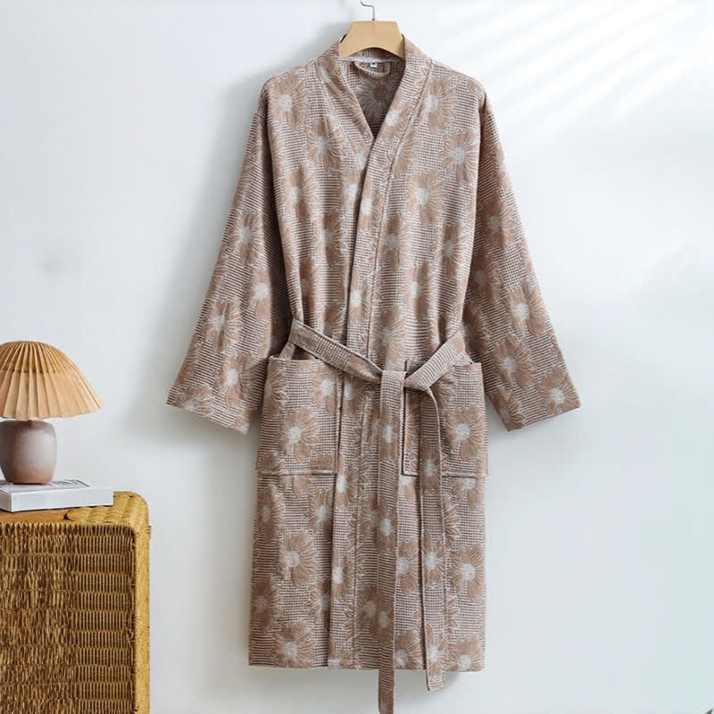 Ownkoti Sunflower Cotton Waffle Kimono Bathrobe - Khaki - XL - image 8