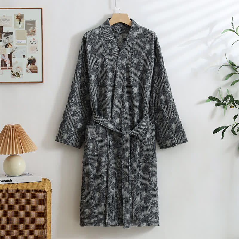 Ownkoti Sunflower Cotton Waffle Kimono Bathrobe - Dark Gray - XL - image 11