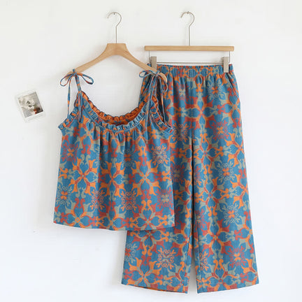 Ownkoti Boho Floral Tie Strap Pajama Set - Blue & Orange - XL - image 0