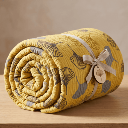 Ownkoti Mustard Ginkgo Quilted Cotton Throw Blanket - image 2