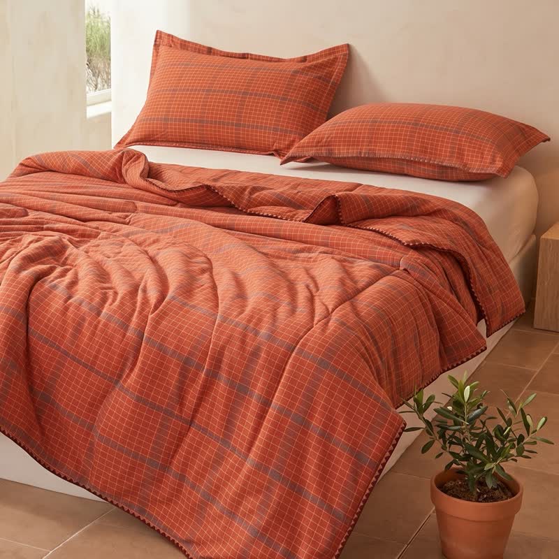 Ownkoti Yarn Dyed Orange Plaid Cotton Summer Quilt - Orange - Quilts - King - image 0
