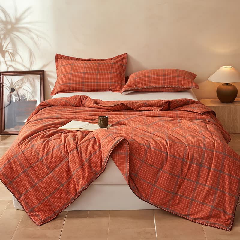 Ownkoti Yarn Dyed Orange Plaid Cotton Summer Quilt - image 1