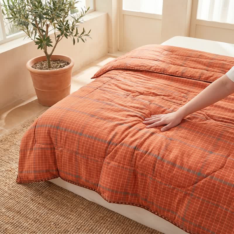 Ownkoti Yarn Dyed Orange Plaid Cotton Summer Quilt - image 3