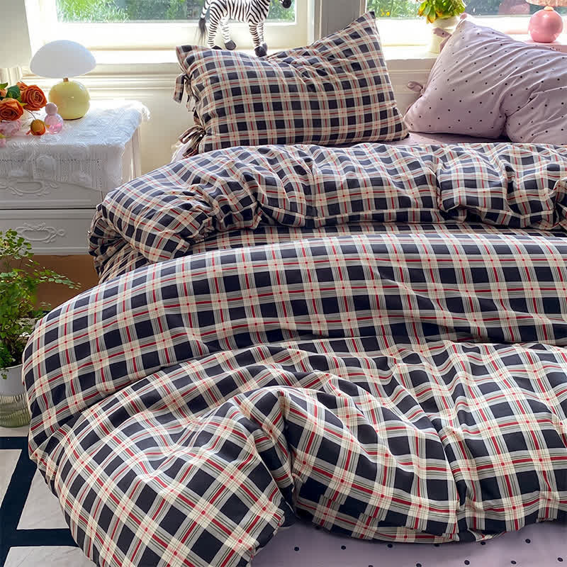 Ownkoti Heritage Plaid Red & Navy Washed Cotton Bedding Set - Navy Blue - King - Bedding Set - image 0