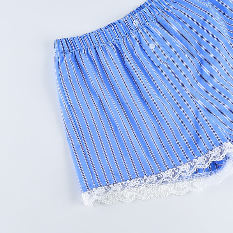 Ownkoti Blue Stripe Lace Cotton Cami Shorts Loungewear Set - image 4