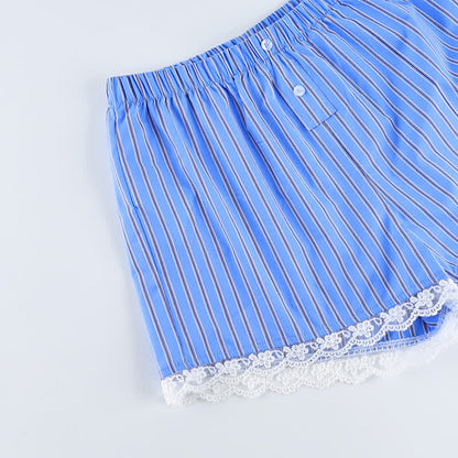 Ownkoti Blue Stripe Lace Cotton Cami Shorts Loungewear Set - image 4
