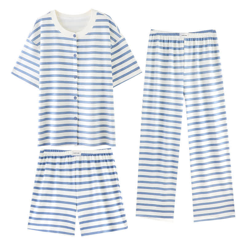 Ownkoti Blue Stripe Cotton 3-Piece Loungewear Set - Blue Stripe - XXL - Full Button - image 1