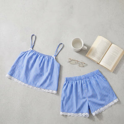 Ownkoti Blue Stripe Lace Cotton Cami Shorts Loungewear Set - image 1