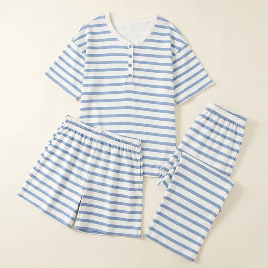 Ownkoti Blue Stripe Cotton 3-Piece Loungewear Set - image 0