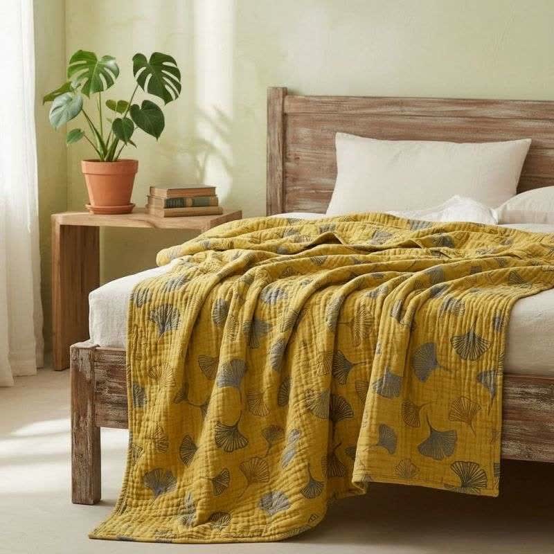 Ownkoti Mustard Ginkgo Quilted Cotton Throw Blanket - image 3