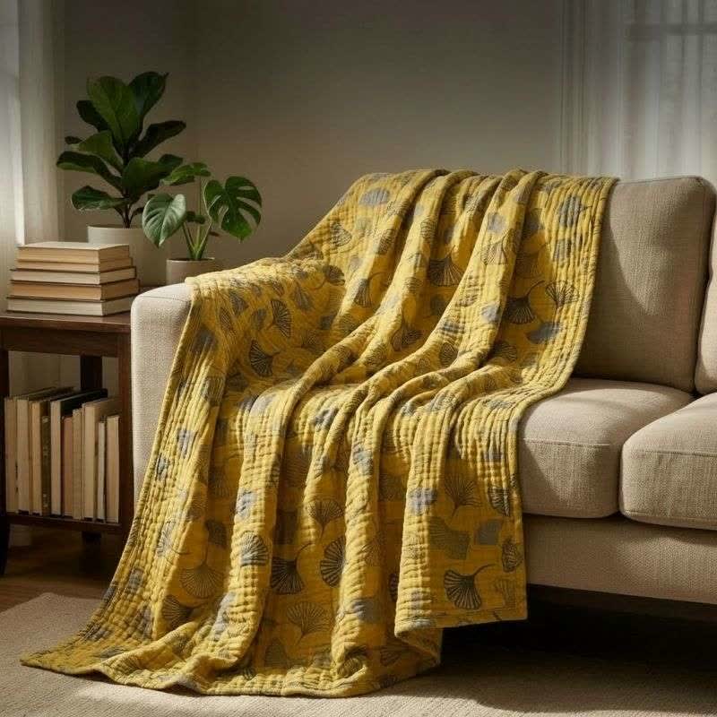 Ownkoti Mustard Ginkgo Quilted Cotton Throw Blanket - image 5
