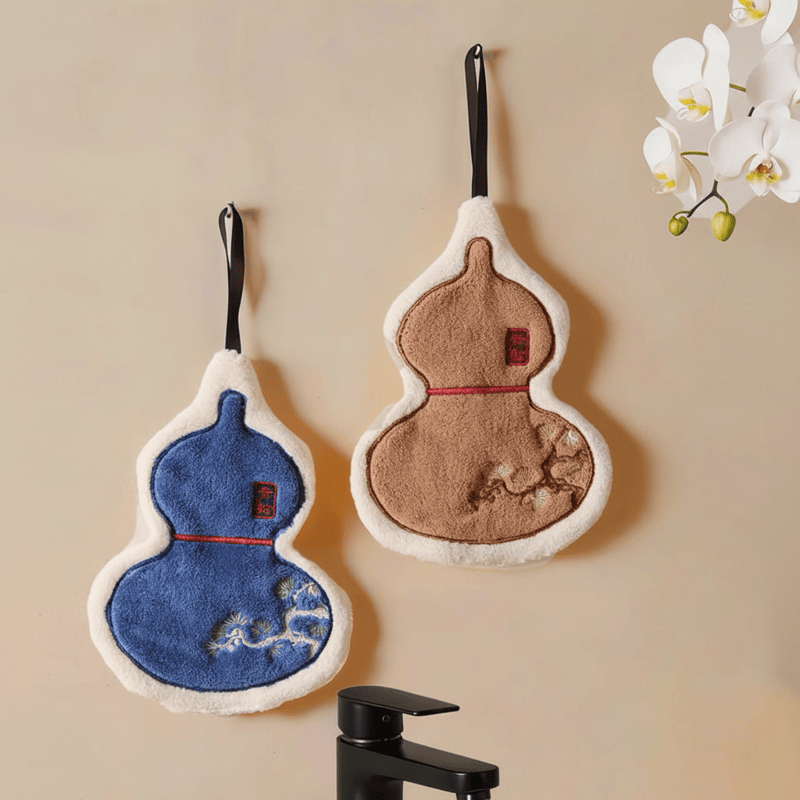 Ownkoti Chinese Gourd Coral Fleece Hand Towel - 7'' × 10'' - Blue+Camel - 1 Set - image 0