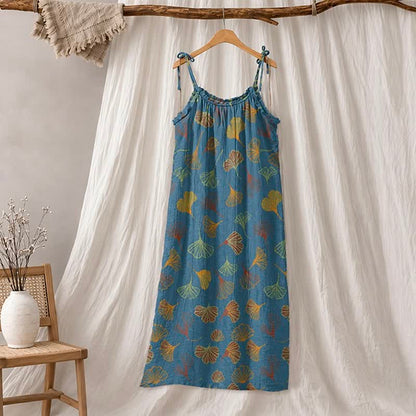 Ownkoti Ginkgo Leaf Tie Strap Lounge Midi Dress - Blue & Orange - XL - image 0