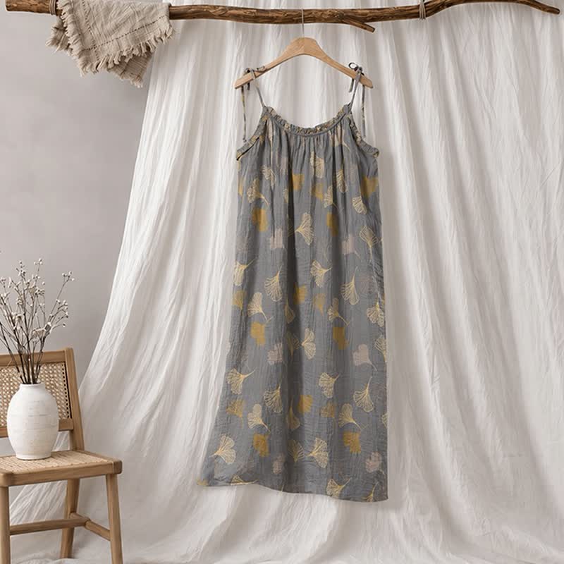 Ownkoti Ginkgo Leaf Tie Strap Lounge NightDress - Dark Grey & Yellow - XL - image 20