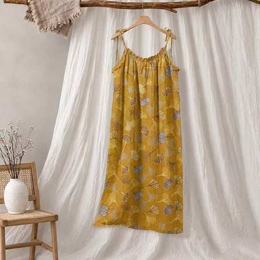 Ownkoti Ginkgo Leaf Tie Strap Lounge Nightgown - Dark Yellow & Light Grey - XL - image 0