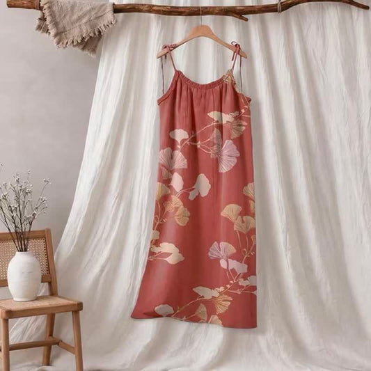Ownkoti Ginkgo Leaf Tie Strap Maxi Nightgown - Red & Nude - XL - image 0