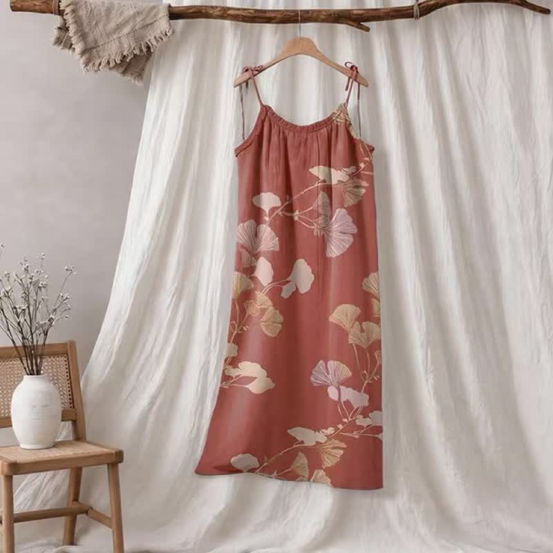 Ownkoti Ginkgo Leaf Tie Strap Maxi Lounge Dress - Red & Nude - XL - image 10
