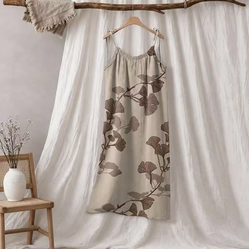 Ownkoti Ginkgo Leaf Tie Strap Maxi Nightgown - Beige & Coffee - XL - image 20