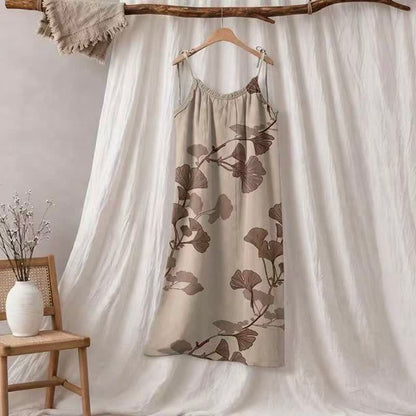 Ownkoti Ginkgo Leaf Tie Strap Maxi Nightgown - Beige & Coffee - XL - image 20