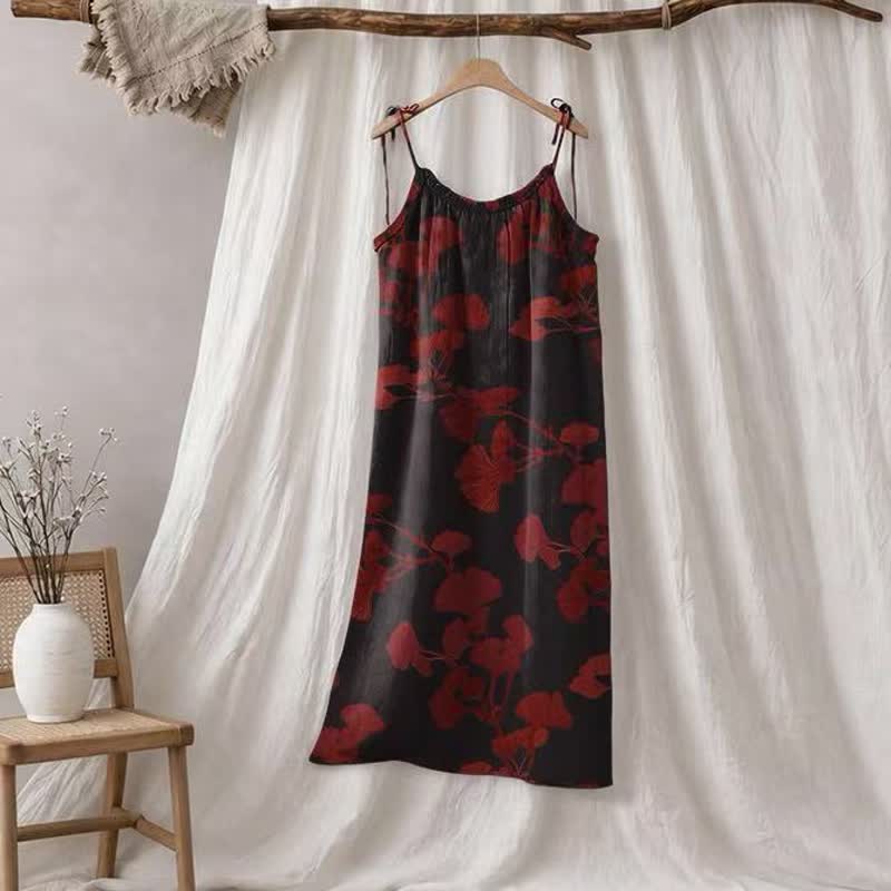 Ownkoti Ginkgo Leaf Tie Strap Maxi NightDress - Black & Red - XL - image 34