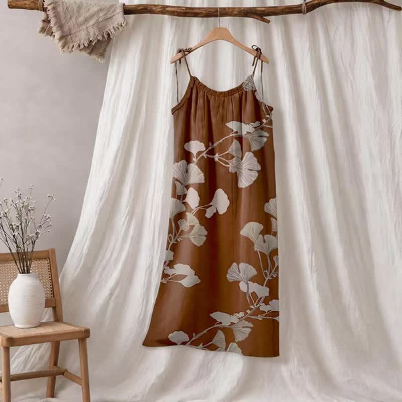 Ownkoti Ginkgo Leaf Tie Strap Maxi NightDress - Coffee & Beige - XL - image 29